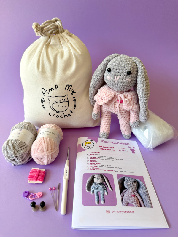 Kit de crochet Lapin tout doux gris et rose